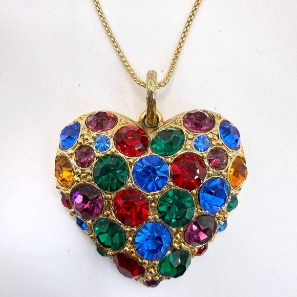 Jewelry - Rainbow Rhinestone Puffy Heart Necklace Vintage Gold Tone Long Chunky